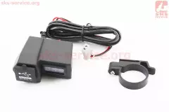 Зарядка USB універсальна на 2 виходи, з кнопкою вкл/викл + ВОЛЬТМЕТР (кріплення на кермо), (Китай)
