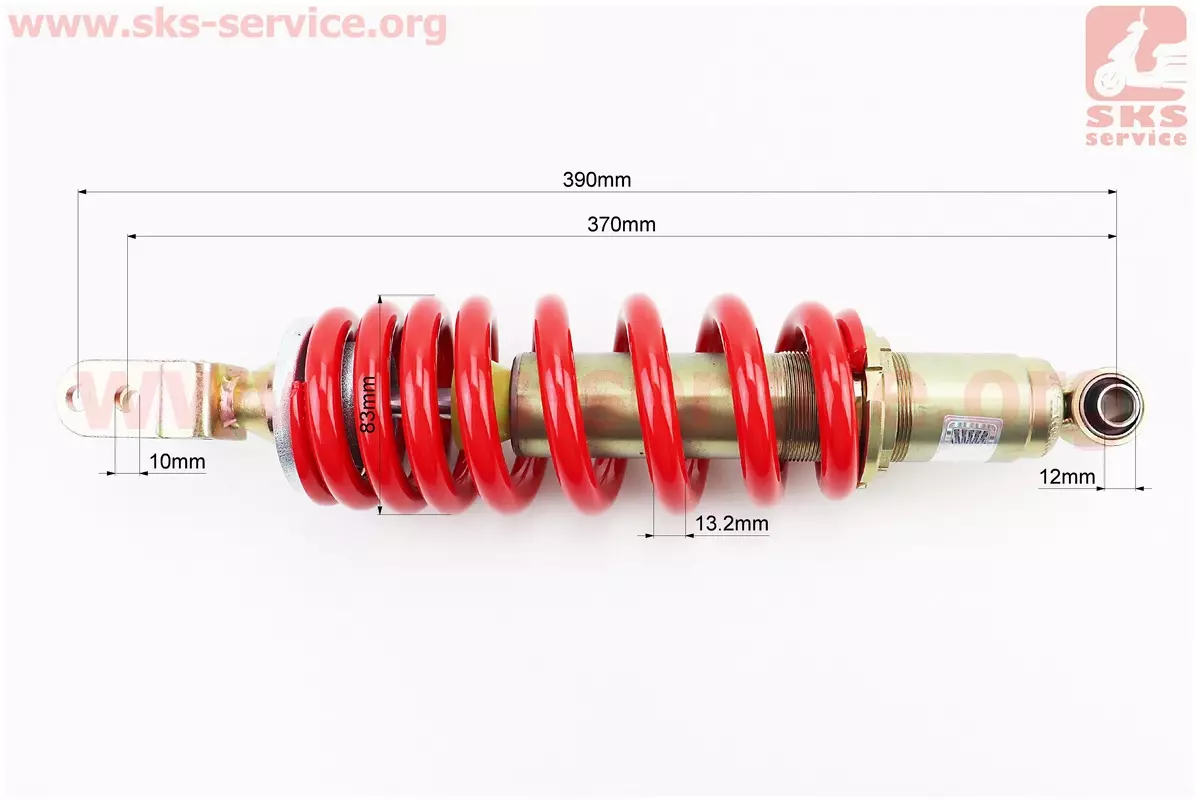Амортизатор задній МОНО 370-390мм діаметр 83мм (втулка 10мм/вилка 12мм) регульований червоний (NC) - Фото 2