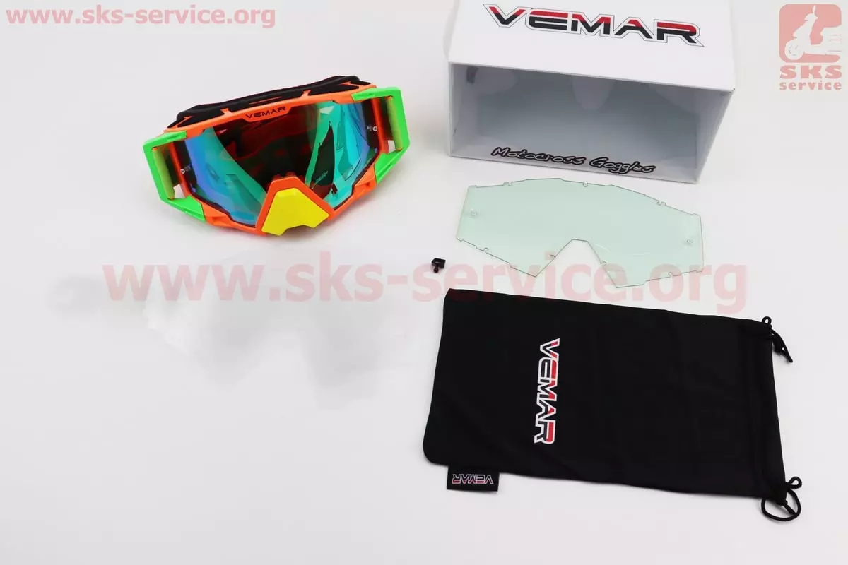 Окуляри кросові VEMAR зі змінним склом, покриття Anti-Fog+захисні плівки 3шт+набір для догляду, оранжево-салатово-жовті (дзеркальне скло), Помаранчевий/Зелений/Жовтий
